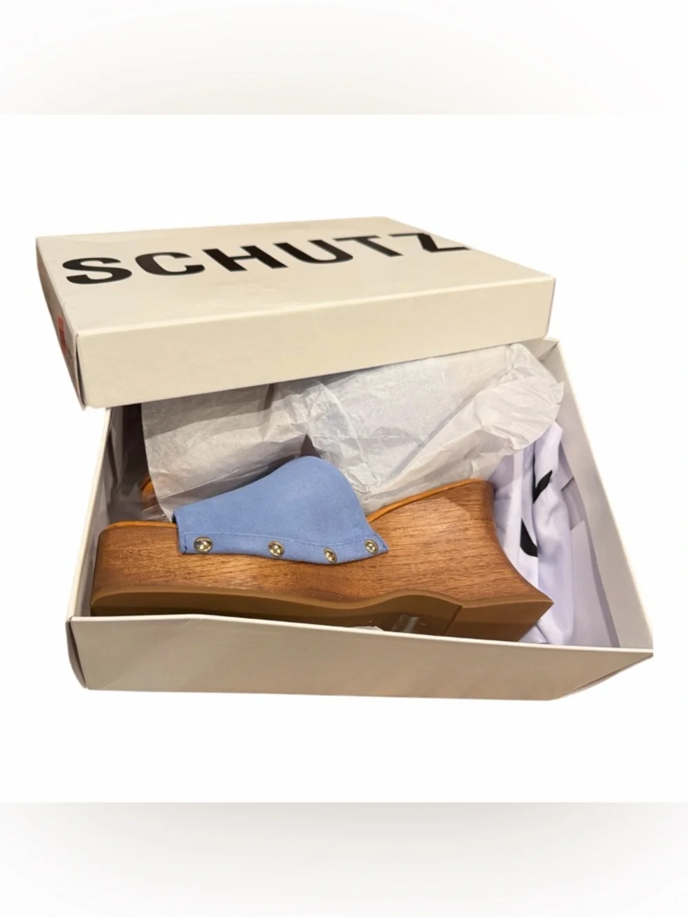 SCHUTZ Light Blue Suede Wooden Platform Slide Sandals